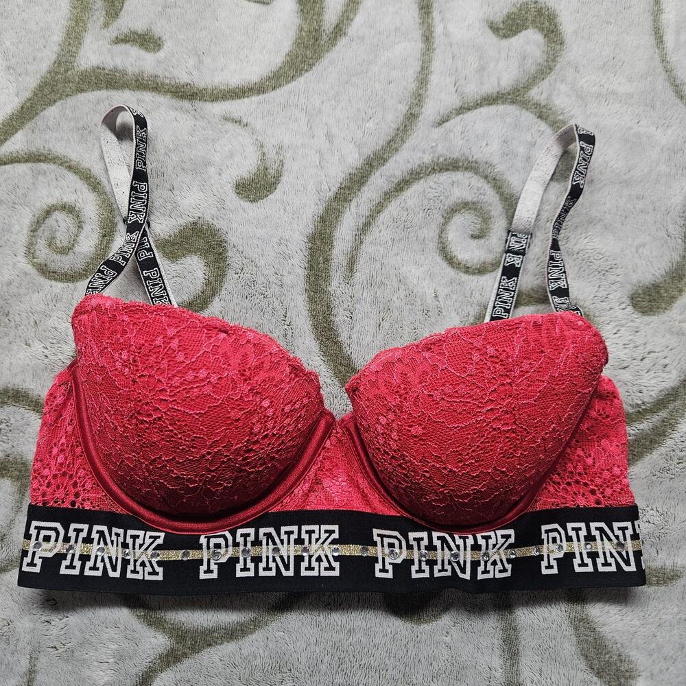 PINK Victoria’s Secret Date Push Up Bra, Red Lace, Size 32C Valentines Day